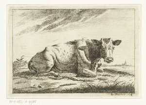 Landschap met liggende koe zonder horens (serie titel: Koeien)