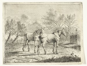 Weidelandschap met twee paarden bij bruggetje en boerderij