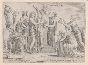 Speculum Romanae Magnificentiae: Acht vrouwen offeren aan Priapus, 16e eeuw