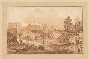 Dorpsgezicht met vijver door Cornelis Brouwer