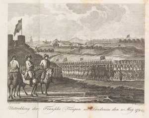 Franse troepen verlaten Landrecy, 1794 door Cornelis Brouwer