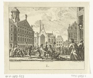 Opstand bij de begrafenis van Daniël Raap op de Dam te Amsterdam in 1754 door Cornelis Brouwer