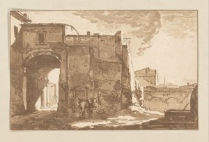 Poort met reiziger en muildier door Cornelis Brouwer