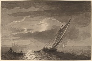 Zeegezicht met Volle Maan door Cornelis Brouwer