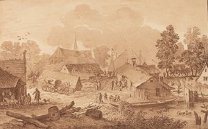Dorp met vijver door Cornelis Brouwer