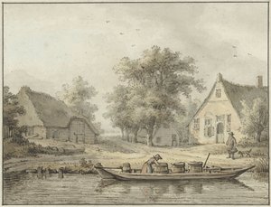 Landschap met afgemeerde schuit met vaten door Cornelis Buys