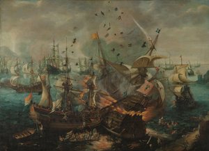 Slag bij Gibraltar in 1607. De explosie van het Spaanse vlaggenschip tijdens de Slag bij Gibraltar, 25 april 1607 door Cornelis Claesz  van Wieringen