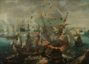 De Explosie van het Spaanse Admiraalsschip door Cornelis Claesz  van Wieringen