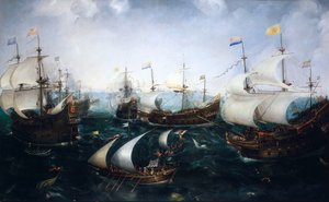 Heemskerks nederlaag van de Spanjaarden bij Gibraltar, 25 april 1607, c.1619 door Cornelis Claesz  van Wieringen