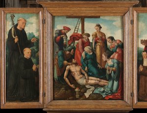 Drieluik met de bewening van Christus (midden), geflankeerd door de mannelijke schenker met Sint Benedictus (links, binnenvleugel) en vrouwelijke schenker met Sint Elisabeth van Thüringen (rechts, binnenvleugel)