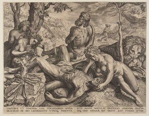 Adam en Eva treuren over de dood van Abel door Cornelis Cort