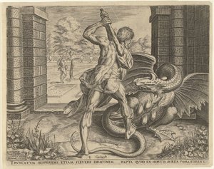Hercules steelt de gouden appelen van de Hesperiden door Cornelis Cort