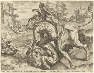 Hercules worstelt met Acheloüs door Cornelis Cort
