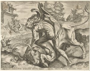 Hercules worstelt met Acheloüs door Cornelis Cort
