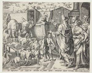 Noach, zijn familie en de dieren gaan aan boord van de ark door Cornelis Cort