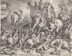 Slag bij Zama tussen Scipio en Hannibal door Cornelis Cort