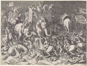 Slag bij Zama tussen Scipio en Hannibal, bij nacht door Cornelis Cort