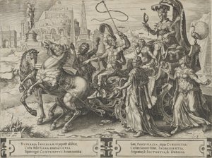 De triomf van trots, uit De cyclus van de wisselvalligheden van menselijke zaken, plaat 3, 1564 door Cornelis Cort