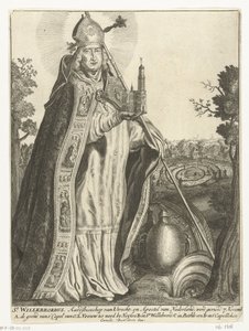 Heilige Willibrordus als aartsbisschop met kerkmodel van Dom te Utrecht door Cornelis Danckerts (I)