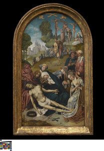 De klaagzang; op de achtergrond de afname van het kruis door Cornelis Engebrechtsz.