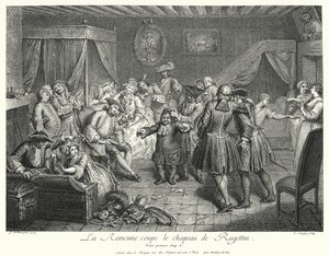 La Rancune snijdt de hoed van Ragotin af (gravure) door Cornelis Engelbrechtsen