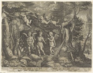 Johannes de Doper wordt begeleid door engeltjes als hij de woestijn intrekt door Cornelis Galle (I)