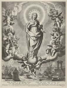 Maria op een globe, omringd door engelen