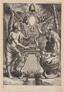 Titelpagina voor M.C. Sarbievski, Lyricorum Libri IV door Cornelis Galle I after Sir Peter Paul Rubens