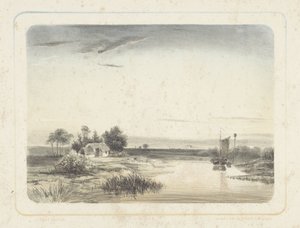 Rivierlandschap met huis en zeilboot door Cornelis Jan Bolt