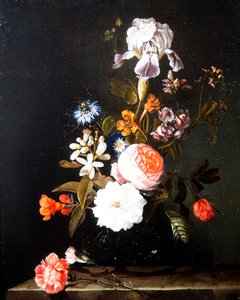 Een Stilleven van Bloemen in een Vaas op een Rand door Cornelis Kick