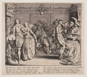 Interieur met muzikanten en dansende koppels door Cornelis Koning