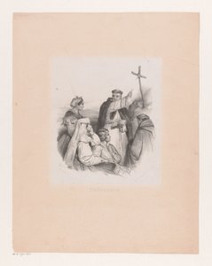Gezelschap en monniken bij een kruis door Cornelis Kruseman