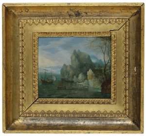 Een Rotsachtig Kustlandschap met Figuren aan de Oever en een Gemeerde Galerij