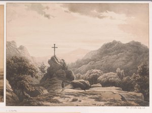 Berglandschap met kruis op een rots door Cornelis Lieste