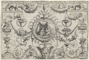 Ornament met drie figuren geknield onder een doek door Cornelis Massijs (attributed to)