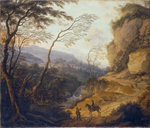 Dutch: Berglandschap met een ruiter en een jager in gesprek