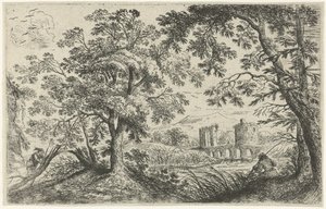 Landschap met een visser door Cornelis Matthieu