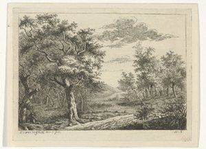 Landschap met figuren en vee door Cornelis Ouboter van der Griendt
