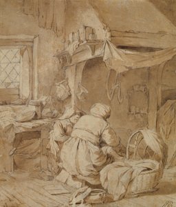 Boerenhuiskamer met Boer, Wieg en Kind, c.1654 door Cornelis Pietersz Bega