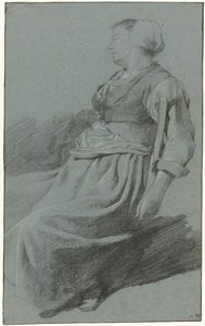 Zittende vrouw, naar links en met een hoed, met haar arm over de rug van een stoel door Cornelis Pietersz. Bega