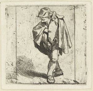 Staande man met de rechterhand op de borst in zijn mantel gestoken door Cornelis Pietersz. Bega