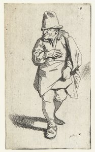 Staande man met hoge hoed of muts, rechterhand voor borst door Cornelis Pietersz. Bega