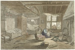 Interieur met vrouw bij wieg door Cornelis Ploos van Amstel (signed by artist)