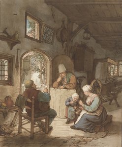 Krantlezer in interieur door Cornelis Ploos van Amstel (signed by artist)