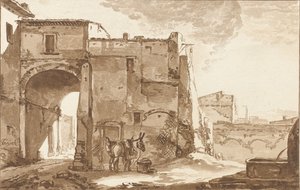 Poort met reiziger en muildier