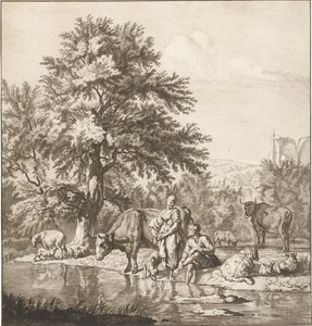 Herder en herderin met kudde bij een rivier (prentwerk)