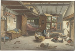 Interieur met vrouw bij wieg door Cornelis Ploos van Amstel