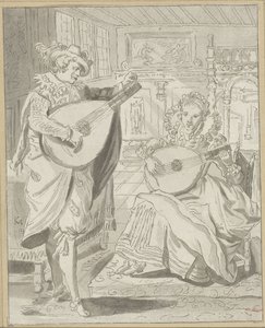 Luitspelende heer en dame door Cornelis Ploos van Amstel