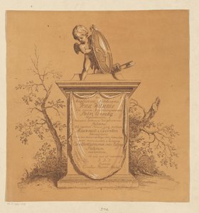 Staande putto op een monument met opdracht aan Jonas Witsen door Cornelis Ploos van Amstel