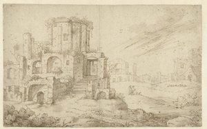 Landschap met antieke ruïnes door Cornelis Saftleven